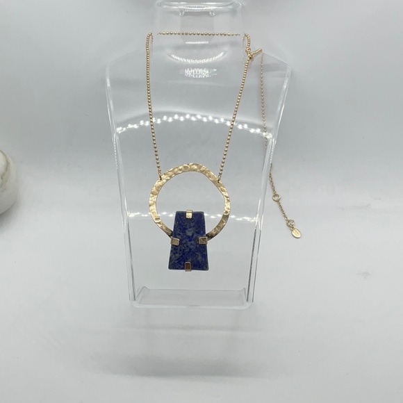 Lapis lazuli chunk modernist pendant in gold tone ball chain blue necklace - Picture 3 of 11